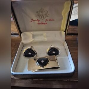 Vintage Gold and Black Men's Cufflinks and Tie Clip Set In Original Box